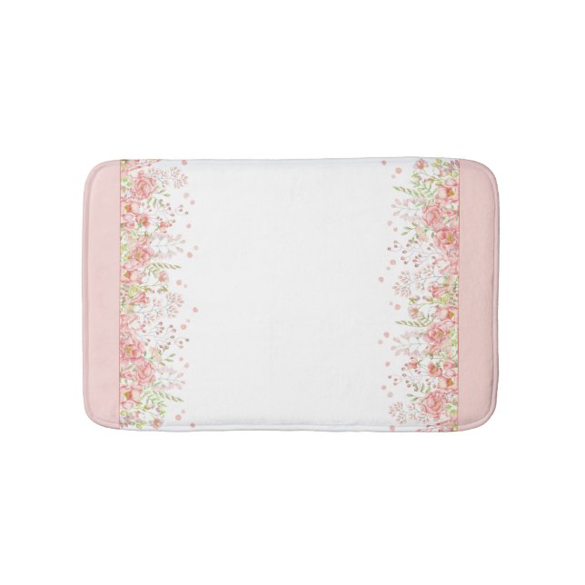 Tapis De Bain Aquarelle rose Pêche blanc Bordure florale (Devant)