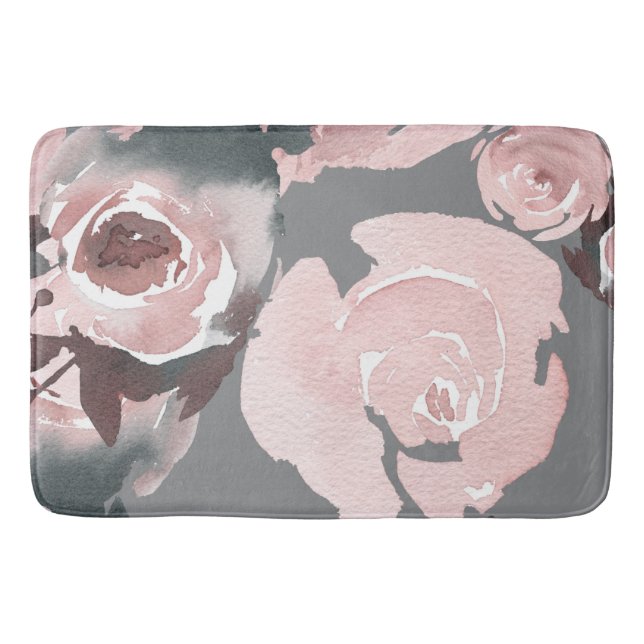 Tapis De Bain Aquarelle rose Rose Gris Charbon Floral (Devant)
