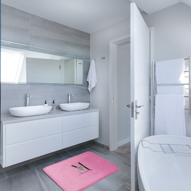 Tapis De Bain Aquarelle rouge fleur sauvage monogramme rose (Créateur téléchargé)