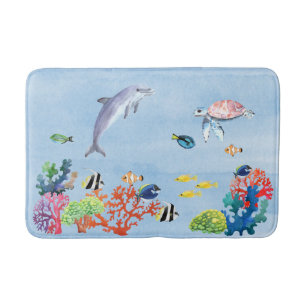 Tapis De Bain Aquarelle sous-marine Tropical Fish Dolphin Turtle