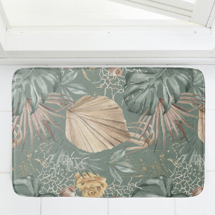 Tapis De Bain Aquarelle Tropicale Gold & Green Feuille Motif
