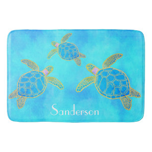 Tapis De Bain Aquarelle tropicale Tortue côtière Aqua Blue