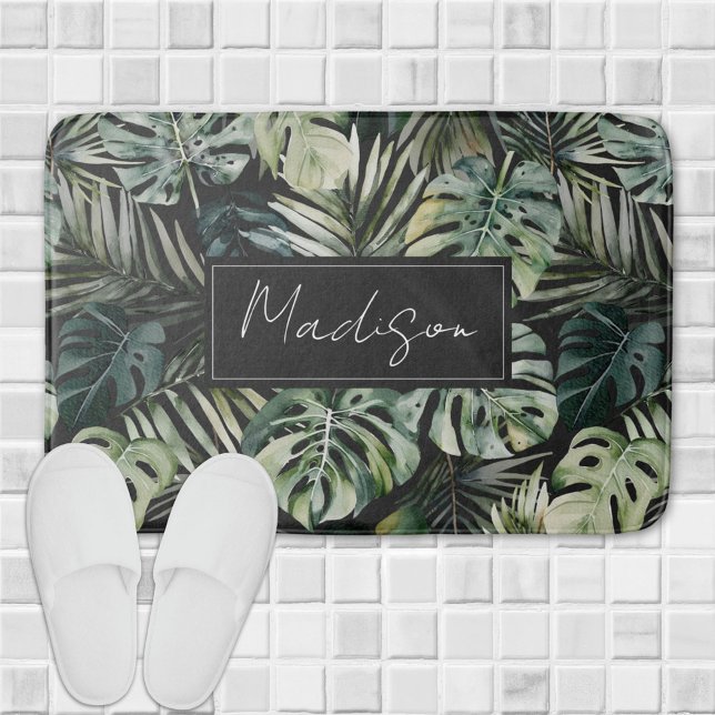 Tapis De Bain Aquarelle Vert Forêt tropicale Feuille Motif (In situ)