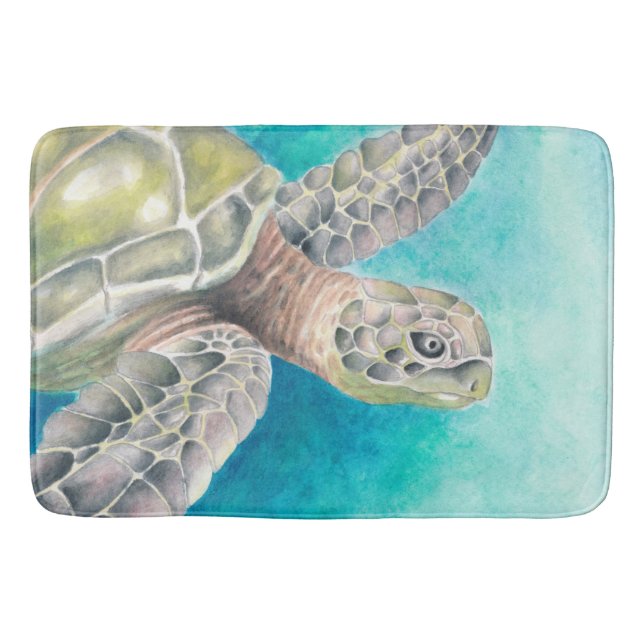 Tapis De Bain Aquarelle verte de la tortue marine (Devant)