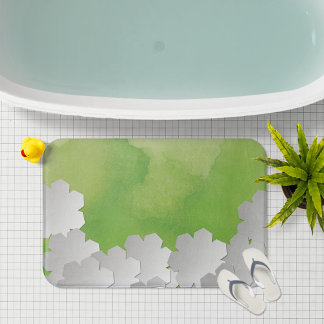 Tapis De Bain Aquarelle verte et fleurs blanches