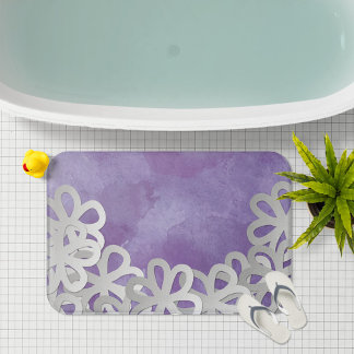 Tapis De Bain Aquarelle violette et fleurs blanches