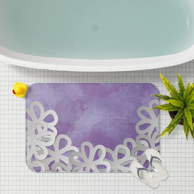 Tapis De Bain Aquarelle violette et fleurs blanches (Créateur téléchargé)