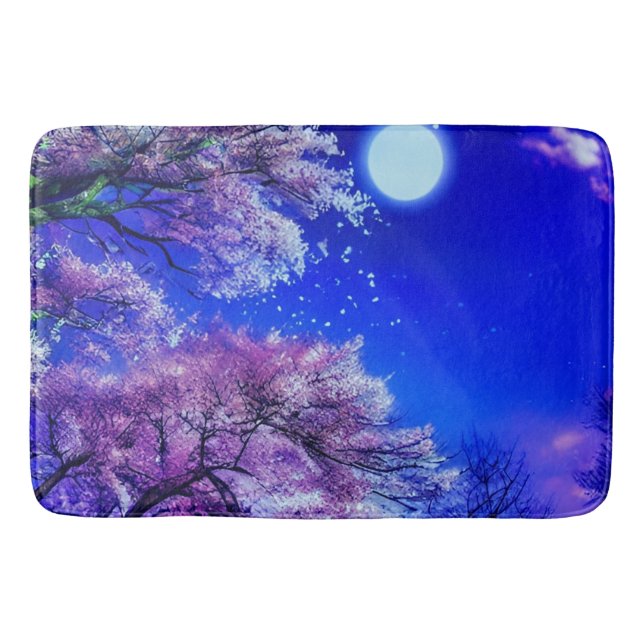 Tapis De Bain Arbre de printemps, lune, ciel bleu. (Devant)