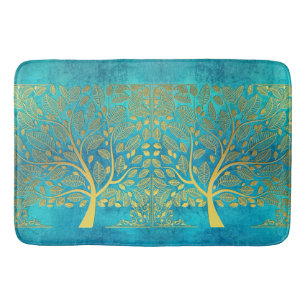 Tapis De Bain Arbre d'or et réflexion Feuille sur le bleu turquo