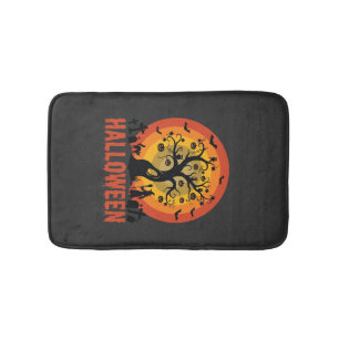 Tapis De Bain Arbre ensorcelé Halloween Sorcière et chats noirs