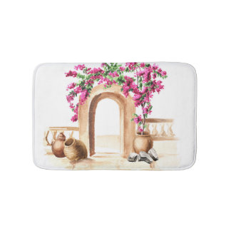 Tapis De Bain Architecture méditerranéenne, fleurs, aquarelle, h