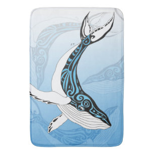 Tapis De Bain Art bleu tribal de baleine de bosse