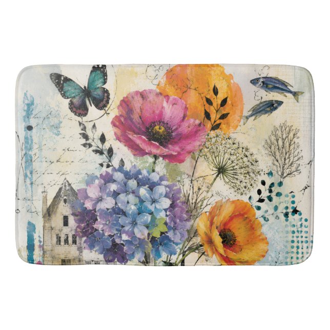 Tapis De Bain Art de collage mixte botanique vibrant (Devant)