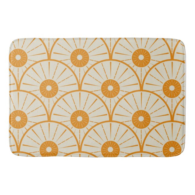 Tapis De Bain Art Déco Abstrait Soleil Orange sur Fond Blanc  (Devant)