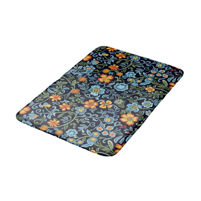 Tapis De Bain Art floral complexe : Fleurs bleues et orange  (Angle)