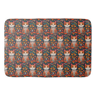 Tapis De Bain Art populaire fantaisiste Chat et Fleurs