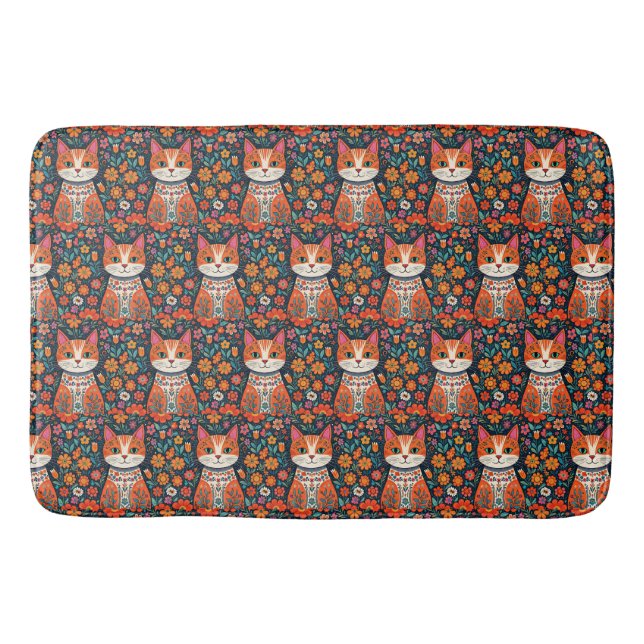 Tapis De Bain Art populaire Whimsical Chat et Fleurs (Devant)