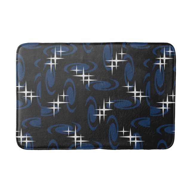 Tapis De Bain Atomic Age Swirls Stars Pattern Black Navy Blue (Devant)