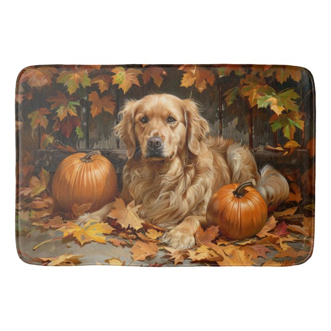 Tapis De Bain Automne Golden Retriever Automne Citrouilles (Devant)