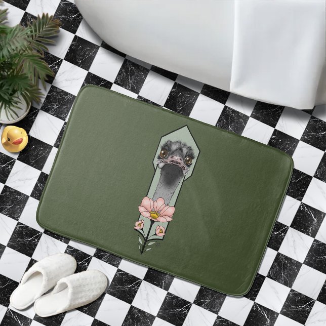Tapis De Bain Autruche Rose Fleurs Vert Olive Art Déco (Créateur téléchargé)