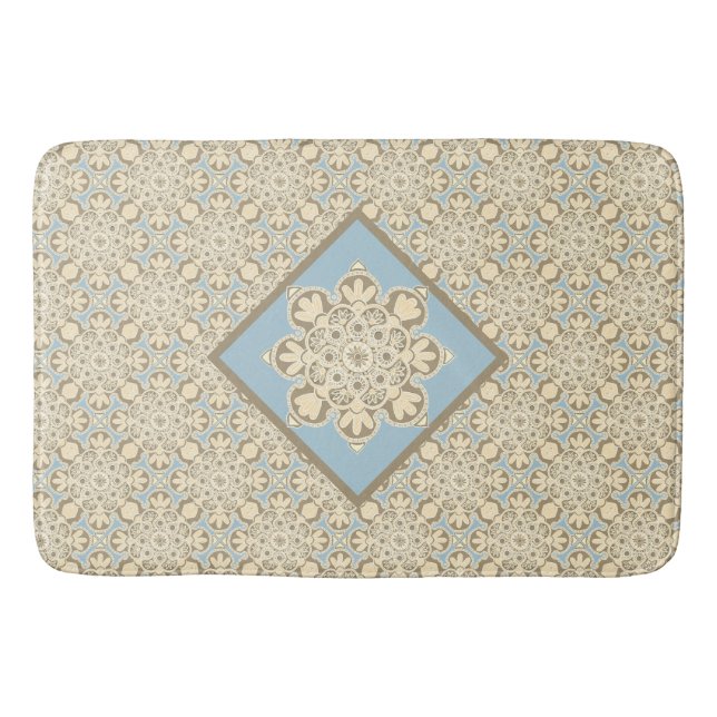 Tapis de bain avec médaillons crème sur fond bleu (Devant)