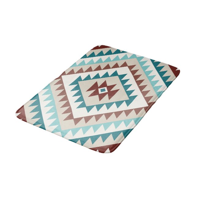 Tapis De Bain Aztec Diamond Motif Design Teals Creams Browns (Angle)