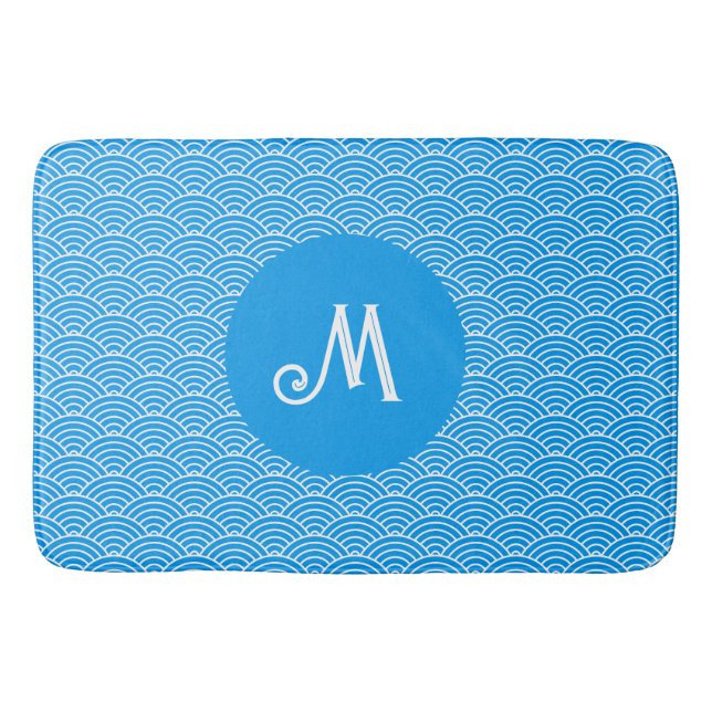Tapis De Bain Azur Blue Wave Motif Monogramme Mat de bain (Devant)