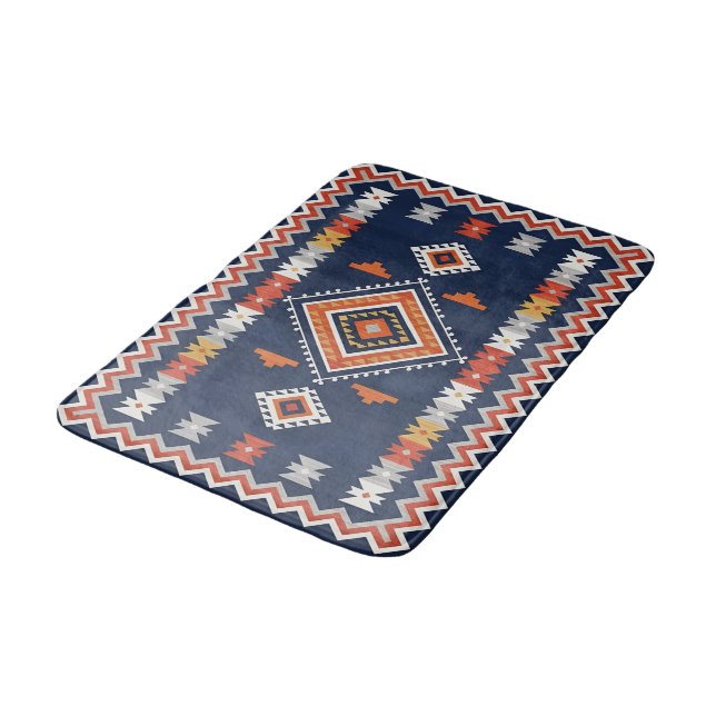 Tapis De Bain Azure Navy and Terracotta Geometric Tribal (Angle)