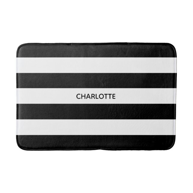 Tapis De Bain Bande moderne noir & blanc nom personnalisé chic (Devant)