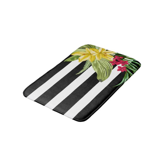 Tapis De Bain Bandes Noires Et Blanches Avec Fleurs Jaunes (Angle)