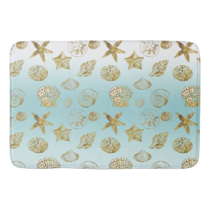 Tapis De Bain Beach Gold Sea Shells Aqua Blue Ombre