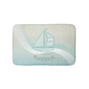 Tapis De Bain Beach House Nautical Voilier Aqua Blue ID623