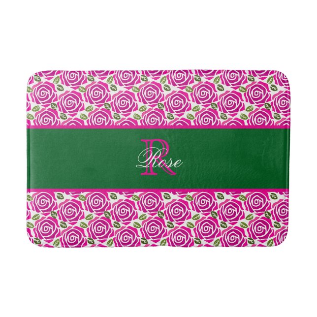 Tapis De Bain Beau Monogramme De Roses Magenta Chaud Moderne  (Devant)