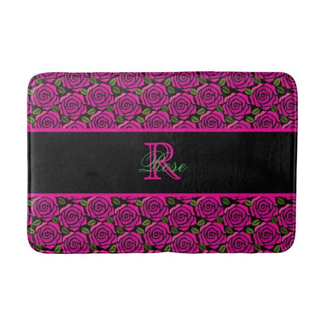 Tapis De Bain Beau Monogramme De Roses Magenta Chaud Moderne  (Devant)