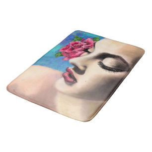 Tapis De Bain Beauty Woman avec Rose rouge - Art de la peinture 