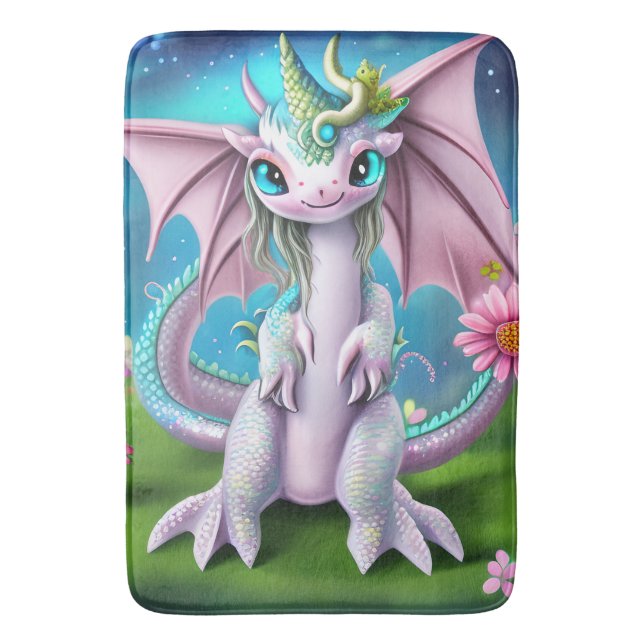 Tapis De Bain Bébé mignon et souriant Dragon aux fleurs (devant Vertical)