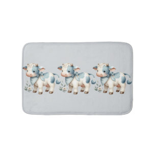 Tapis De Bain Bébé Vache Gingham Bleu Pastel Esthétique Ferme