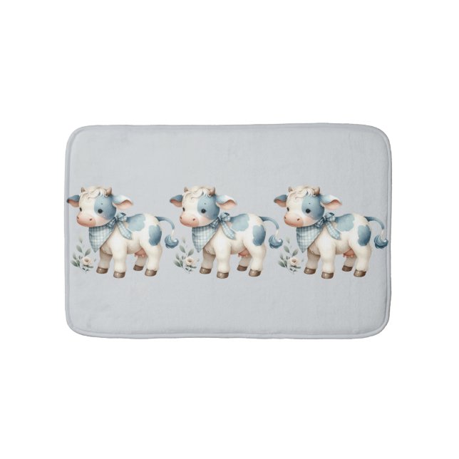Tapis De Bain Bébé Vache Gingham Bleu Pastel Esthétique Ferme (Devant)