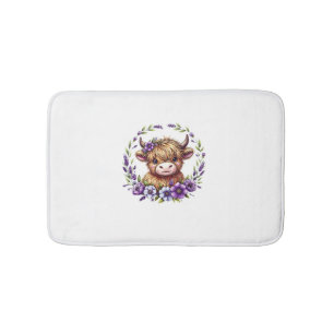 Tapis De Bain Bébé Vache Highland Avec Fleurs Violettes Ecosse F