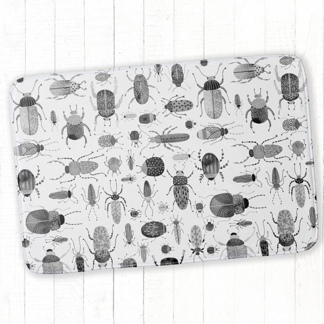 Tapis De Bain Beetle noir et blanc (Beetles and bugs black and white watercolor bath mat)