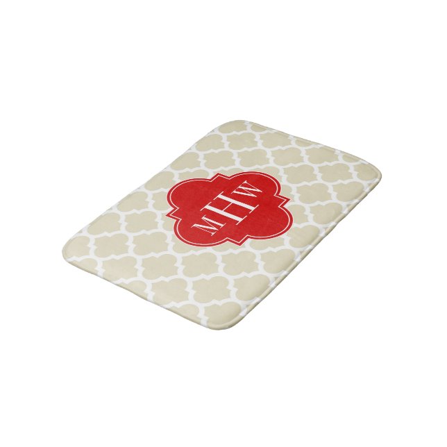 Tapis De Bain Beige, White Moroccan #5 Red 3 Initial Monogram (Angle)