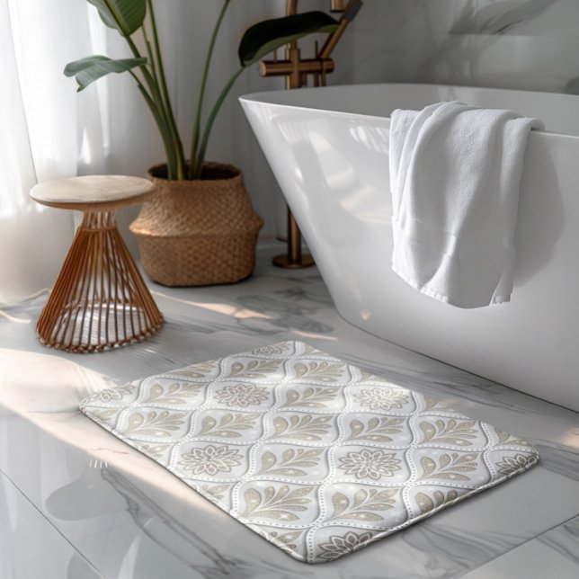 Tapis De Bain Beige & White Sparkling Quatrefoil Pattern (Créateur téléchargé)