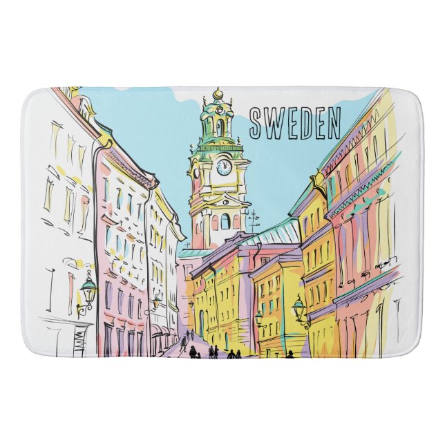 Tapis De Bain Belle art Stockholm Ville Suède Aquarelle blanche (Devant)