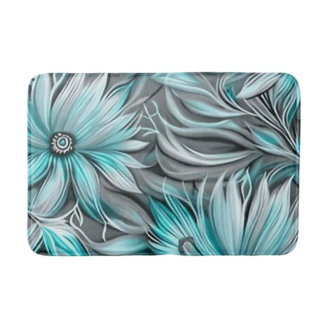 Tapis De Bain Belle impression Florale Turquoise Bleue (Devant)