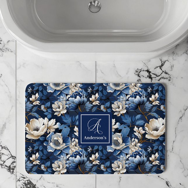 Tapis De Bain Belles fleurs de marine personnalisées bain floral (Beautiful Navy Flowers Personalized Floral Bath Mat)