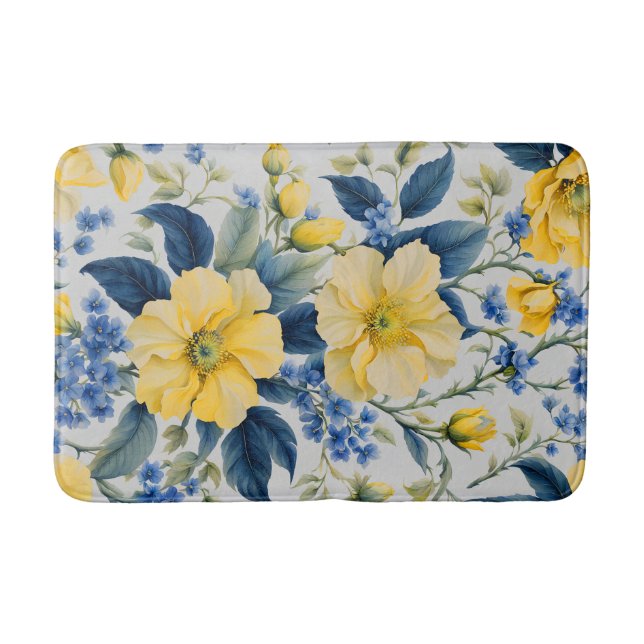 Tapis De Bain Belles Fleurs Jaunes et Bleues (Devant)