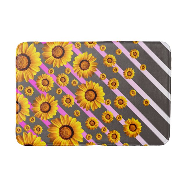 Tapis De Bain Belles fleurs jaunes sur gris, rayures roses (Devant)