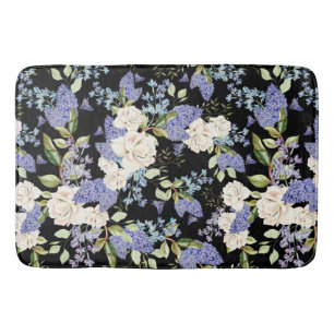 Tapis De Bain Belles Fleurs Lilas Roses Bleu Violet sur Fond Noi