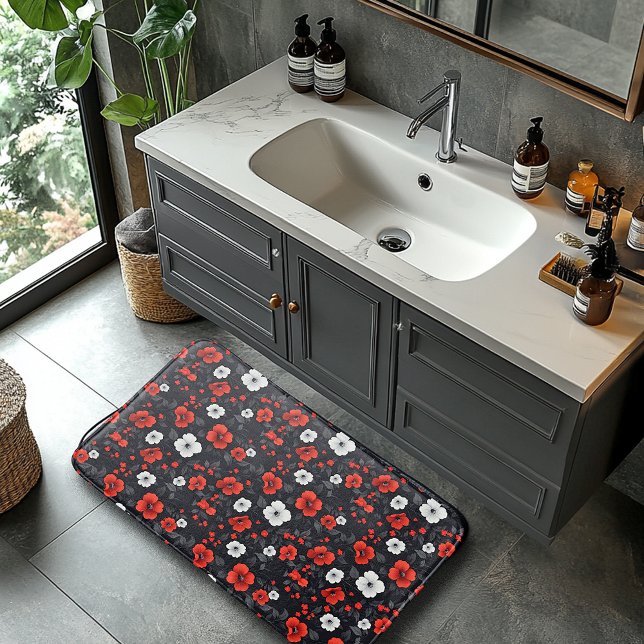 Tapis De Bain Belles roses rouges et blanches sur fond noir (Créateur téléchargé)