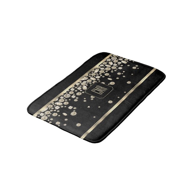 Tapis De Bain Bijoux Diamant Or sur Fond Noir Monogramme (Angle)